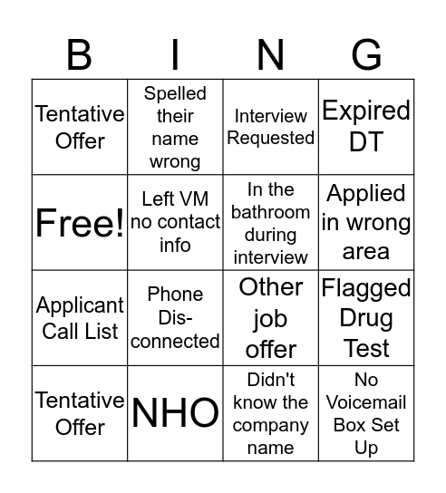 Recruiter Bingo Card