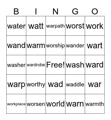 wor, wa, war Bingo Card