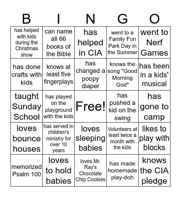 KidZone Bingo Card