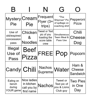 2020 Concession Stand Bingo Card