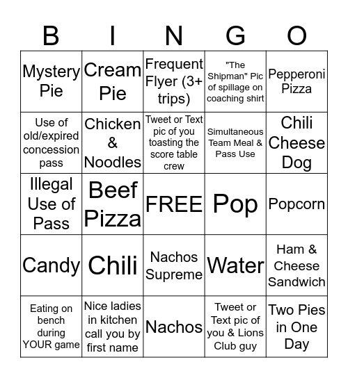 2020 Concession Stand Bingo Card