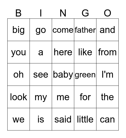 NOVEMBER Sight Words Bingo Card