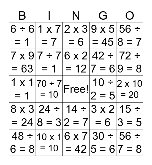 Multiplication and Division Bingo Card Bingo Card