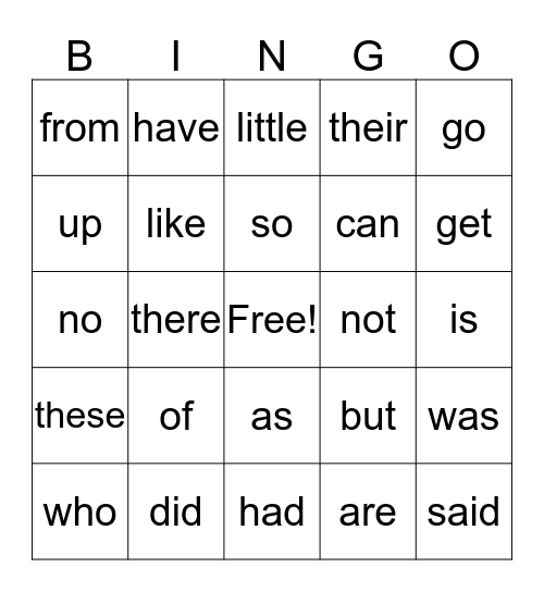 Sight Word Bingo Card