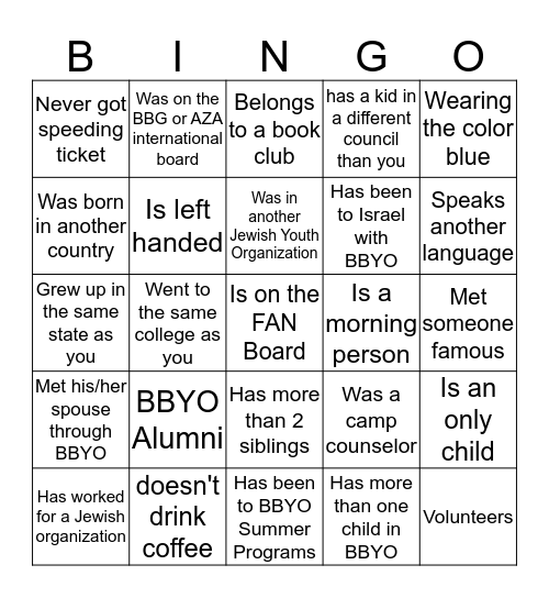 BBYO Parent Bingo Card