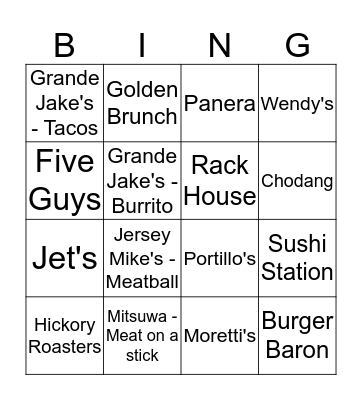 MATT'S FOOD BINGO Card