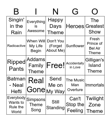Songs from Movies/TV Bingo Card
