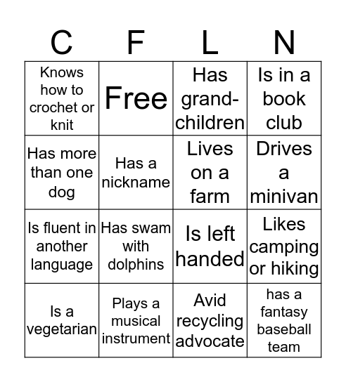 CFLN Ice Breaker Bingo Card