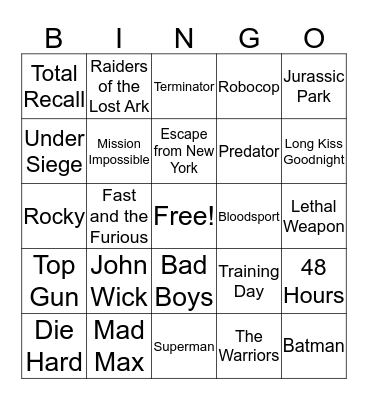 Action Movies Bingo Card