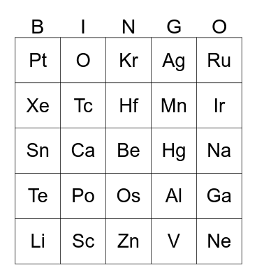 Periodic Table Bingo Card