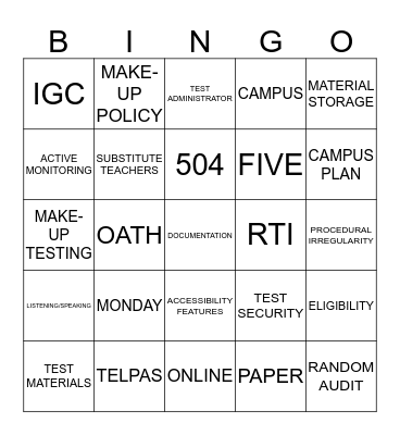 STATE TESTING ADMIN TRAINING Bingo Card