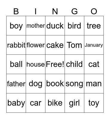 NOUN Bingo Card