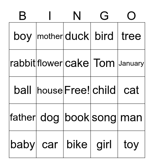 NOUN Bingo Card