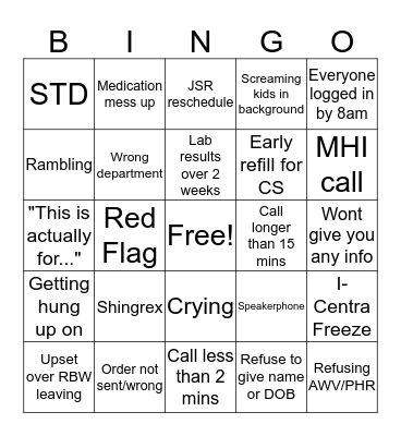 Call Center Bingo Card