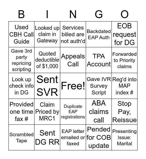 PSC Claims Bingo Card
