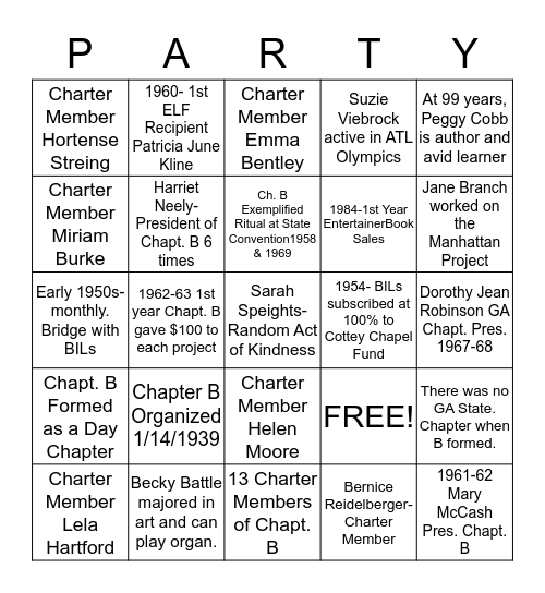 Chapter B 75th Anniversary Bingo Card