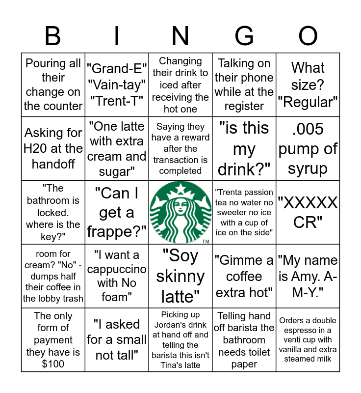 Starbucks Customers Bingo Card
