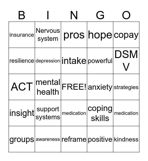 Mental Health Bingo Card