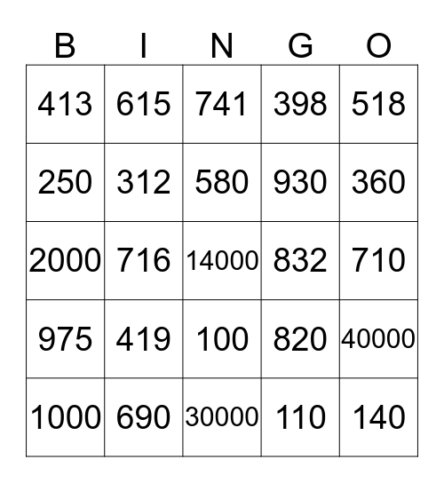 Big Numbers Bingo Card