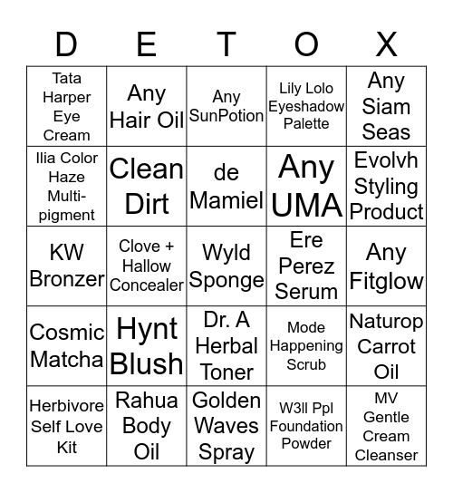 Detox Bingo Card