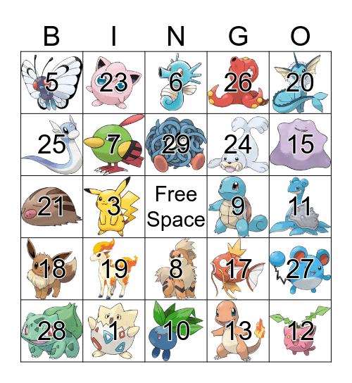 Pokemon Bingo! Bingo Card