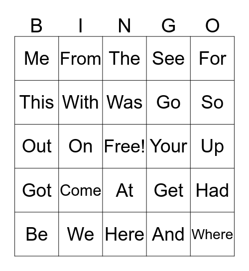 Site Word Bingo  Bingo Card