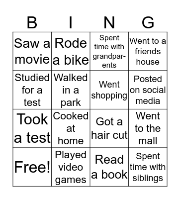 What did you do this week? Bingo Card