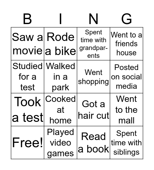 What did you do this week? Bingo Card