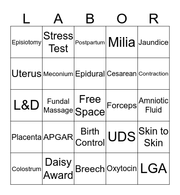 "I'm In Labor" Bingo Card