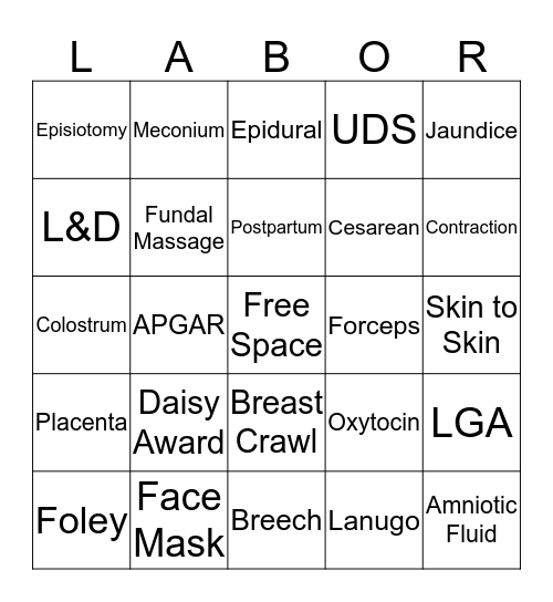 "I'm In Labor" Bingo Card