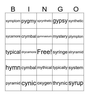 y= short i Bingo Card