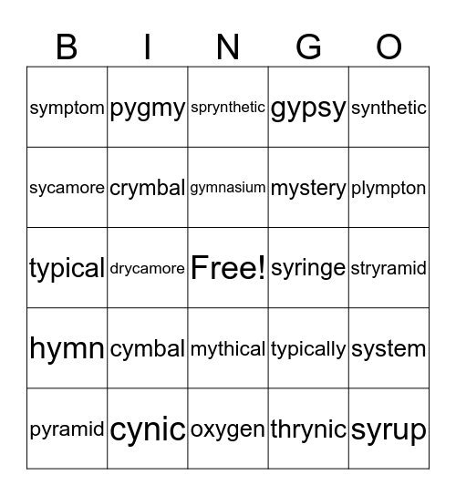 y= short i Bingo Card