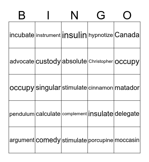 schwa Bingo Card