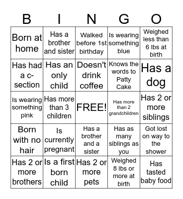 Baby Shower Ice Breaker Bingo Card