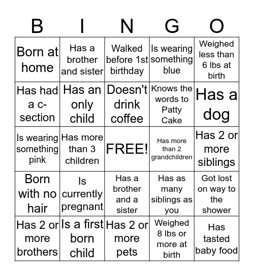 Baby Shower Ice Breaker Bingo Card