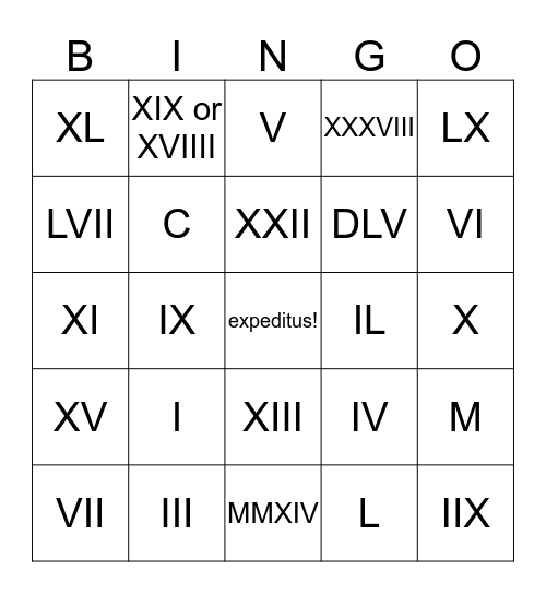 Roman Numeral Bingo Card