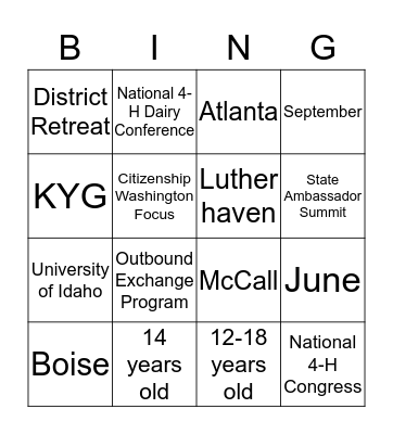 4-H Opportunities Bingo Card