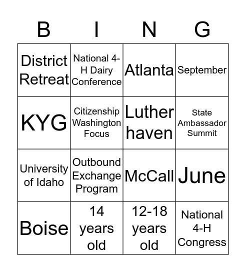 4-H Opportunities Bingo Card