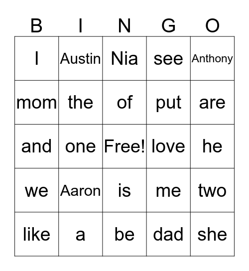 Nia’s sight words  Bingo Card