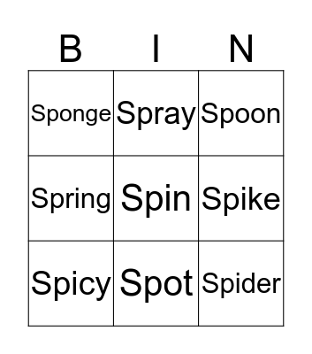 "SP" Word Bingo Card