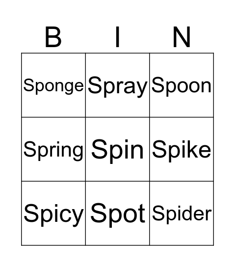 "SP" Word Bingo Card