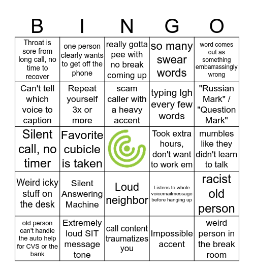 CaptionCall Bingo Card