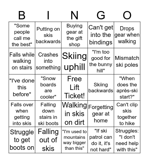 Ski Trip Bingo Card