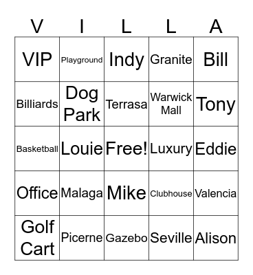 Villa Bingo Card