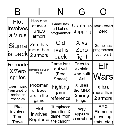 MMX Fangame Bingo Card