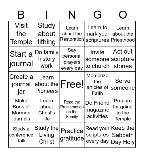 Spiritual Goals Bingo Card