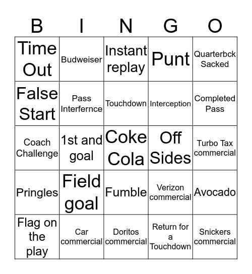 SuperBowl 2020 Bingo Card