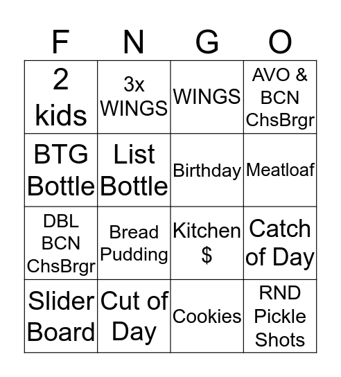 Server F'ngo Bingo Card