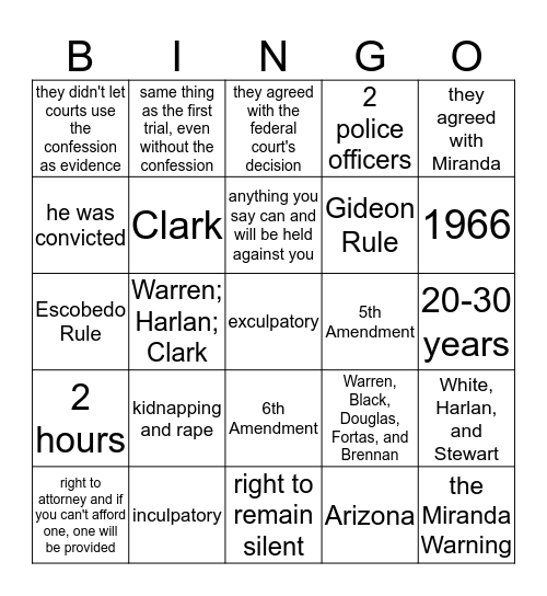 Mirnda v. Arizona Bingo Card