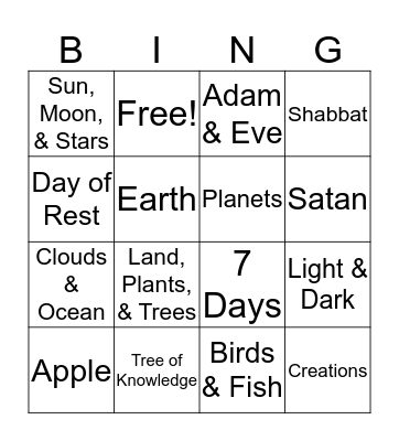 7 Days of Creation Bingo Card